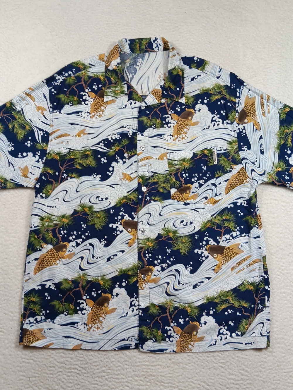 Vintage Rusty Camp Shirt Mens XL Blue Loop Collar Hawaiian Ukiyo-e Koi Fish